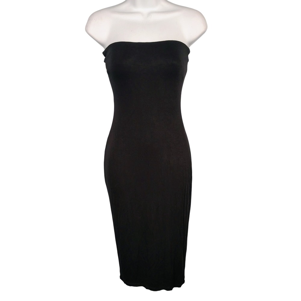 Womens M Popular 21 Strapless Tube Midi Dress Black Rayon Spandex Minimalist Y2K